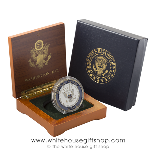 Military Coins, Navy, USN, Presented in Wood Coin Case & 2-Piece White House Outer Gift Box