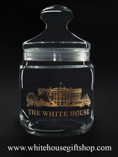 White House Custom Candy Jar, quality etched and filled with 22k gold, the home of President of the United States, from the official White House Gift Shop since 1946, Presidential glassware and gift collection.