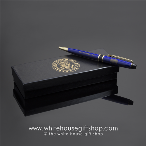 The White House cobalt blue  ballpoint pen in white house pen box, from our Presidential Pen collection at the original official White house Gift Shop, since 1946, Giannini Design,artist-designer-photographer