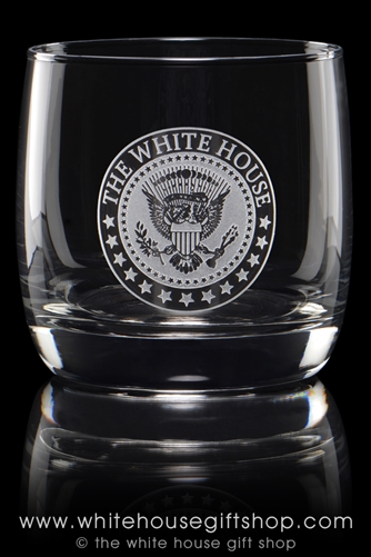 Nordic Cardinal Rocks Glass with artisan deep etched sand carved White House & Presidential Seal. Made for U.S. Presidents by the official White House Gift Shop, Est. 1946 at www.whitehousegiftshop.com