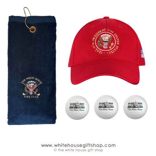 President Seal Quality Golf Sets, Towels, Hats, Sleeve White House Golf Balls, 100%Cotton, Embroidered, Made in USA, Made in America