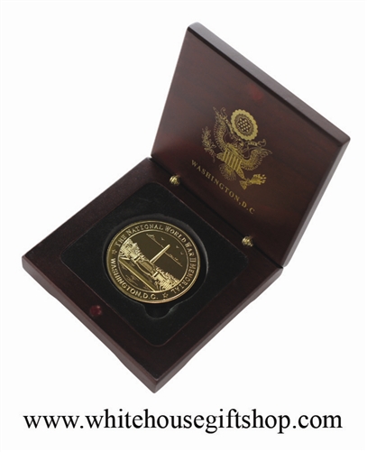 Coin, NATIONAL WW II MEMORIAL COMMEMORATIVE COIN, Gold Plated, Wood Case, 1.5" Gold Plated Diameter Coin