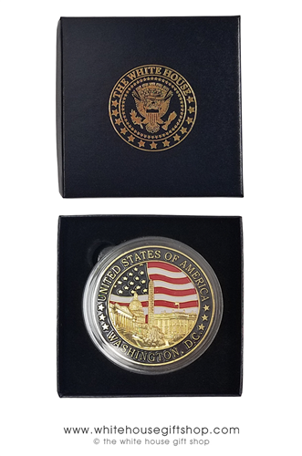 The White House, Washington DC challenge coin medallion, gold, red, midnight navy blue large