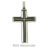 Stainless steel Two-tone Black and Silver CZ Cross Pendant