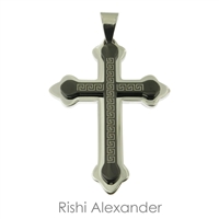Stainless steel Two-tone Black and Silver Greek Key Cross Pendant