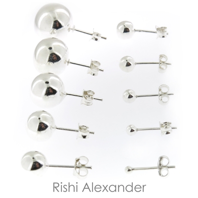 Ball stud earrings that are made form solid 925 sterling silver that sizes 2mm perfect for cartilage upper ear to 14mm perfect for lower ear lobe available stamped 925 sold by Rishi Alexander