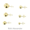 Ball stud earrings that are made form solid 14kt Gold that sizes 2mm perfect for cartilage upper ear to 14mm perfect for lower ear lobe available stamped 925 sold by Rishi Alexander