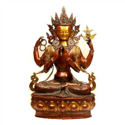Chenrezig Gem Studded Brass Master Crafted Statue - 38 Inch