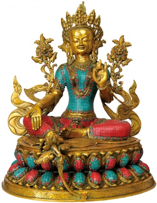 Green Tara White Brass with Gem Inlays  - 15 Inch SHIPS FREE WORLDWIDE