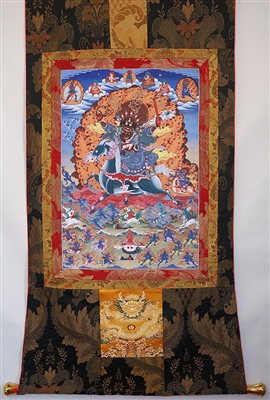 4 Armed Mahakala on Horse Back  Brocaded Thangka 50 inches