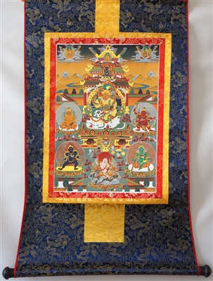 Namtose  ( Vaishravana ) & The Five Dzamabhala's Brocaded Print Thangka 48 inches