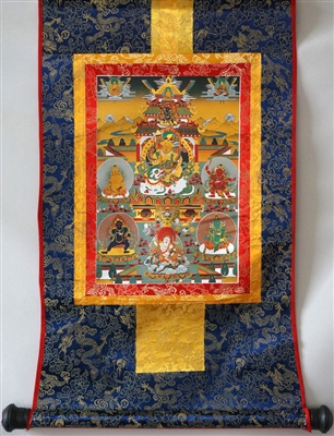 Namtose  ( Vaishravana ) & The Five Dzamabhala's Brocaded Print Thangka 16 inches