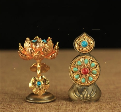 Gold Plated & Gem Studded Flower & Food Torma Set