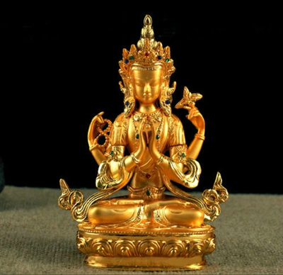 Chenrezig Gold Plated Gem StuddedStatue - 6 Inch