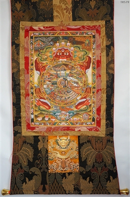 Bhavachakra Wheel of Life Print Brocaded Thangka 50 inches