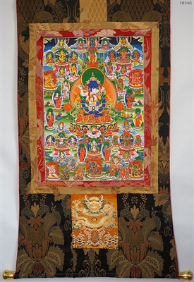 Vajradhara & Consort with the Peaceful Deities of the Bardo  Brocaded Thangka 50 inches