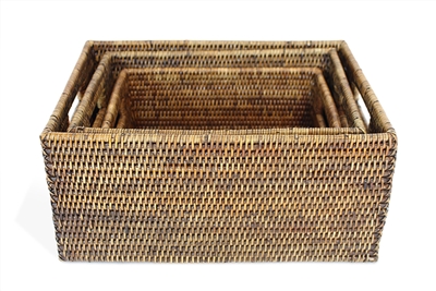 Rectangular Set of 3 Baskets w/ Handles - AB 12x15.5x7.5'/10x14x6.25'/8x12x5'