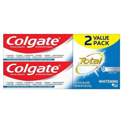 Colgate Total Whitening Toothpaste 2 Pack 9.6oz / 272g