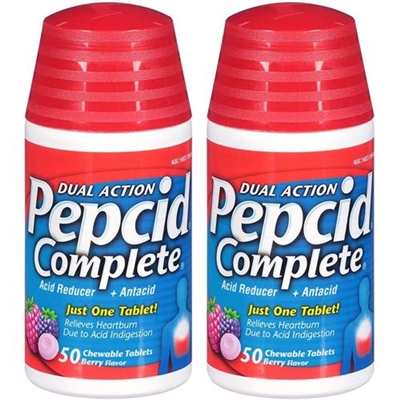 Pepcid Complete Dual Action Acid Reducer 50 Chewable Tablets Berry Flavor 2 Packs