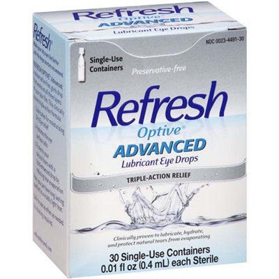 Refresh Optive Advanced Lubricant Eye Drops 30 Single Use Containers 0.01oz / 0.4ml
