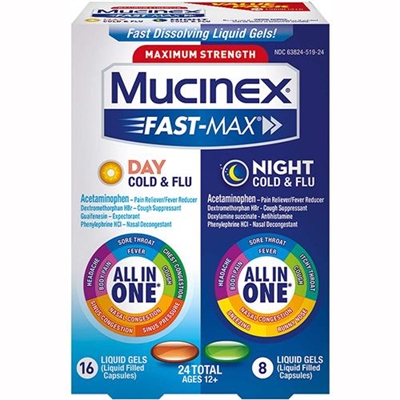 Mucinex Maximum Strength FastMax Day  Night Cold 24 Liquid Gels Exp 11/21