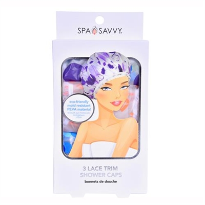 Spa Savvy Lace Trim Shower Caps 3 Piece
