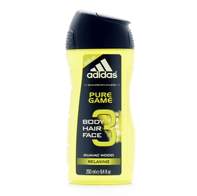 Adidas Pure Game Guaiac Wood Relaxing 3 In 1 Hair, Body, & Face Shower Gel for Men 8.4 oz / 250ml