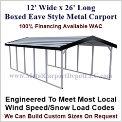 Boxed Eave Style Metal Carport 12' x 26' x 6'