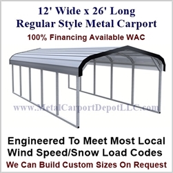12' x 26' Regular Style Metal Carport