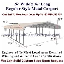 Triple Wide Regular Style Metal Carport 26' x 36' x 6'