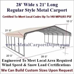 Triple Wide Regular Style Metal Carport 28' x 21' x 6'