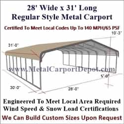 Triple Wide Regular Style Metal Carport 28' x 31' x 6'