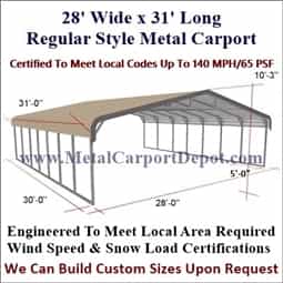 Triple Wide Regular Style Metal Carport 28' x 31' x 6'