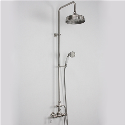 Baths of Distinction's Edwardian Exposed Vintage Wall Shower with Handheld Shower, shown here in Brushed Nickel.