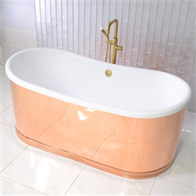 SanSiro Marseille W59POL 59 Inch Water Jetted Mirror Polished Copper Shell French Bateau  Bathtub with Thick CoreAcryl  Acrylic Interior Plus Drain