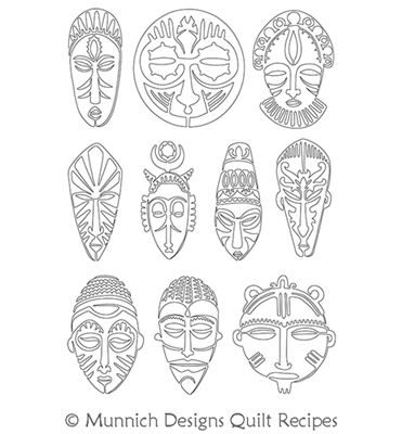 African Mask Set by Munnich Design Quilt Recipes. This image demonstrates how this computerized pattern will stitch out once loaded on your robotic quilting system. A full page pdf is included with the design download.
