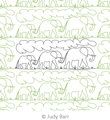 Elephant Family with Clouds by Judy Barr. This image demonstrates how this computerized pattern will stitch out once loaded on your robotic quilting system. A full page pdf is included with the design download.