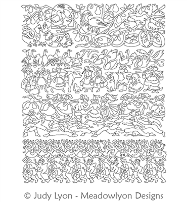 12 Days of Christmas Panel 4 Set 1-4 by Judy Lyon. This image demonstrates how this computerized pattern will stitch out once loaded on your robotic quilting system. A full page pdf is included with the design download.