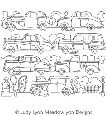 Car Classics Set by Judy Lyon. This image demonstrates how this computerized pattern will stitch out once loaded on your robotic quilting system. A full page pdf is included with the design download.