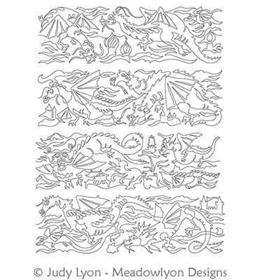 Dragons Galore Panel Set by Judy Lyon. This image demonstrates how this computerized pattern will stitch out once loaded on your robotic quilting system. A full page pdf is included with the design download.