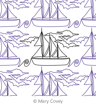 Sailing Ship with Clouds by Mary Covey. This image demonstrates how this computerized pattern will stitch out once loaded on your robotic quilting system. A full page pdf is included with the design download.