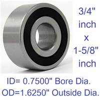 Radial Ball Bearing, Double Sealed, 0.7500" Bore Dia., 1.6250" Outside Dia.