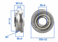4mm ID Bore Pulley Ball Bearing, miniature yet shielded Pulley U Groove Track Roller Bearing,  U-groove ball bearing type, Metric standard, Sealed with 2 Metal Shields, Size: 4mm x 12mm x 5mm, dimensions ID (Bore): 4mm, OD 12mm Width 5mm
