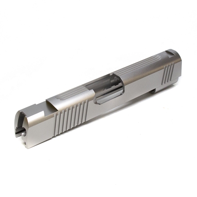 1911 Commander Stainless 9mm Slide, Slab Side, with Tactical Style Front, Rear, and Top Serrations and Novak Sight Cuts