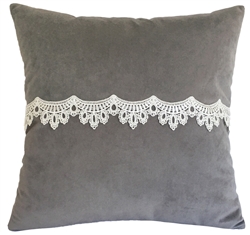 gray velvet w/ lace decorative throw pillow cover