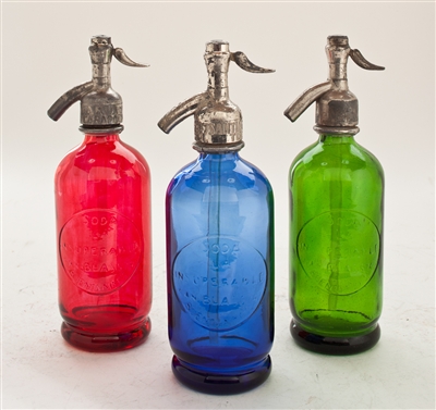 Collection VI Vintage Half Liter Seltzer Bottles | The Seltzer Shop | Colored Argentine seltzer bottle - vintage seltzer pendant light - wine chiller interior design elements