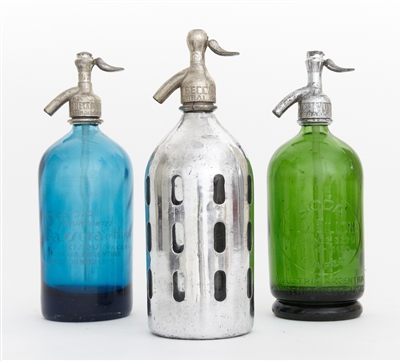 Collection IX Vintage Seltzer Bottles | The Seltzer Shop | Colored Argentine seltzer bottle - vintage seltzer pendant light - wine chiller interior design elements