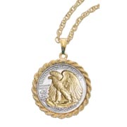 Selectively Gold-Layered Silver Walking Liberty Half Dollar Rope Coin Pendant Coin Jewelry