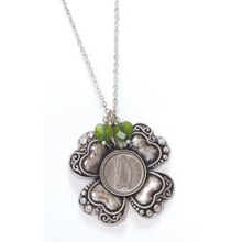 Irish Threepence Four Leaf Clover and Green Heart Charm Pendant