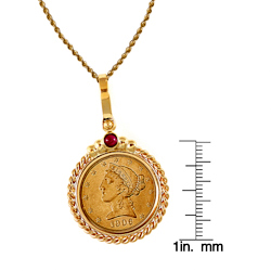 $5 Liberty Gold Piece Half Eagle Coin in 14k Gold Twisted Rope Bezel w/Ruby